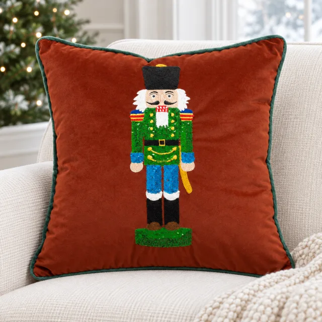 Embroidered Nutcracker Christmas Pillow Cover, 18x18 Red