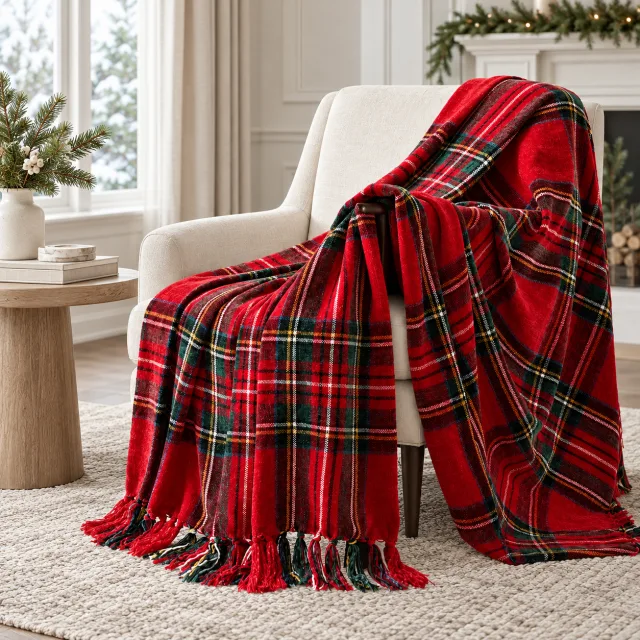 Chenille Christmas Throw Blanket, 50x60 Red Stewart Plaid