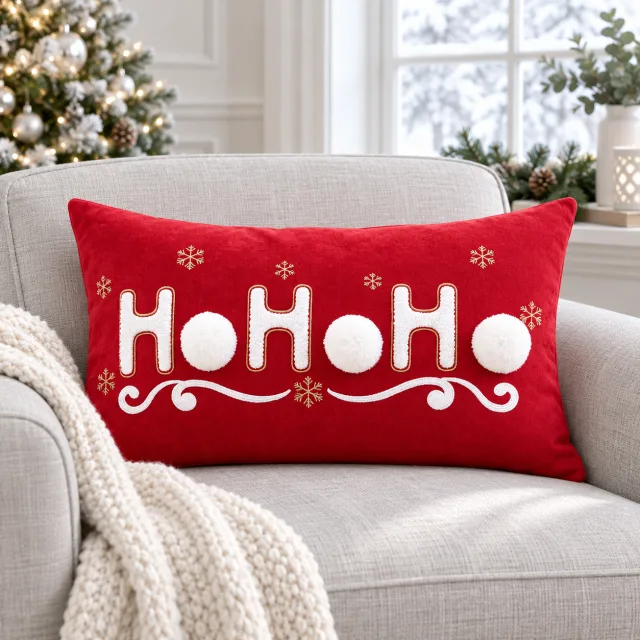 Embroidered HO-HO-HO Pom-pom Christmas Cushion Cover