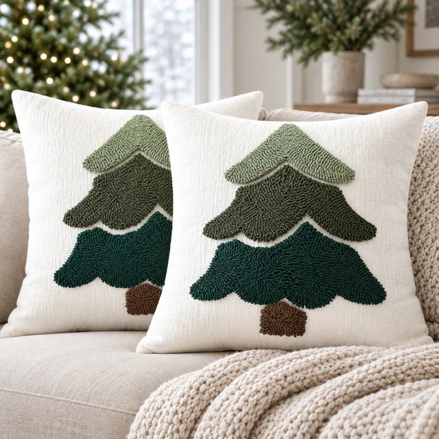 Chenille Christmas Tree Pillow Covers, 18x18 Set of 2, Green