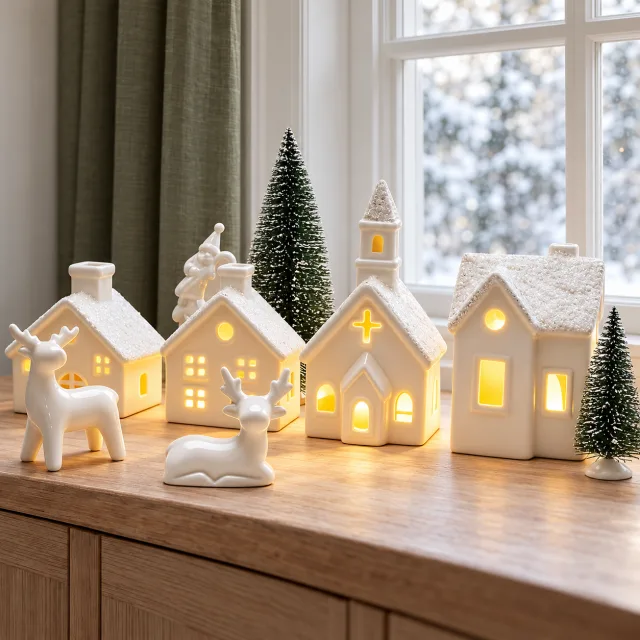 Christmas Village Sets, 14 Pcs White Ceramic Village Houses
