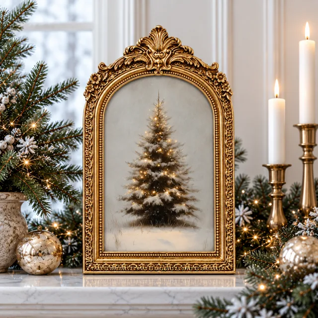 Christmas Tree Art in an Arched Gold Frame