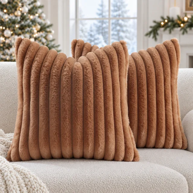 Faux Fur Pillow Covers, 18x18 Set of 2 Brown