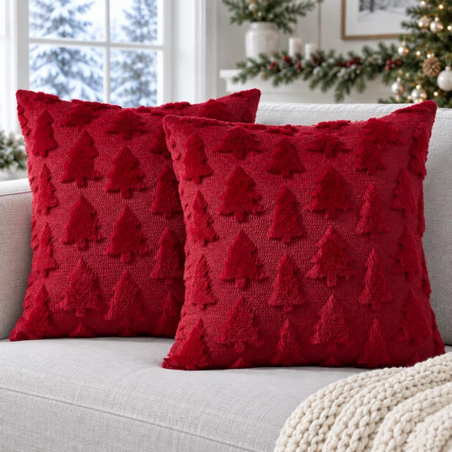 Christmas Tree Pillow Covers, 18x18 Set of 2 Wine Red