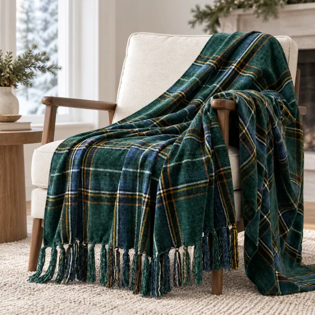 Chenille Christmas Throw Blanket, 50x60 Green Stewart Plaid