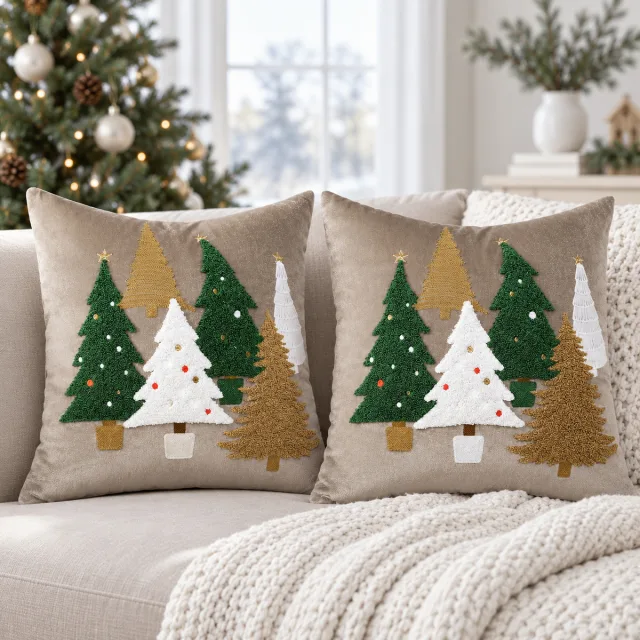 Xmas Tree Christmas Pillow Cover, 18x18 Gray-Gold, 2 Pack