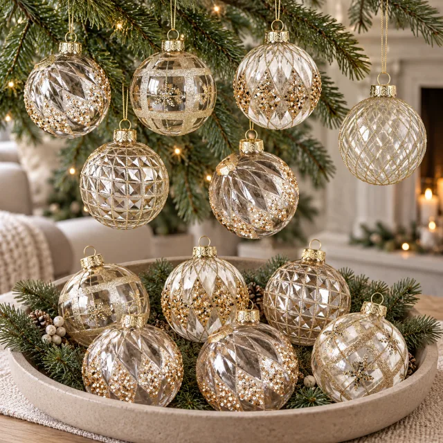 12 PCS Champagne Hand-Painted Glass Ball Ornaments, 80mm