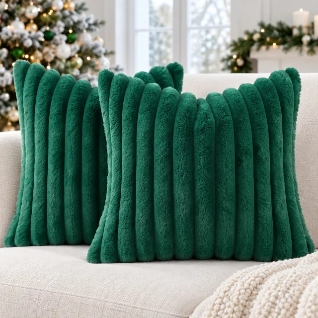 Faux Fur Christmas Pillow Covers, 18x18 Set of 2 Green