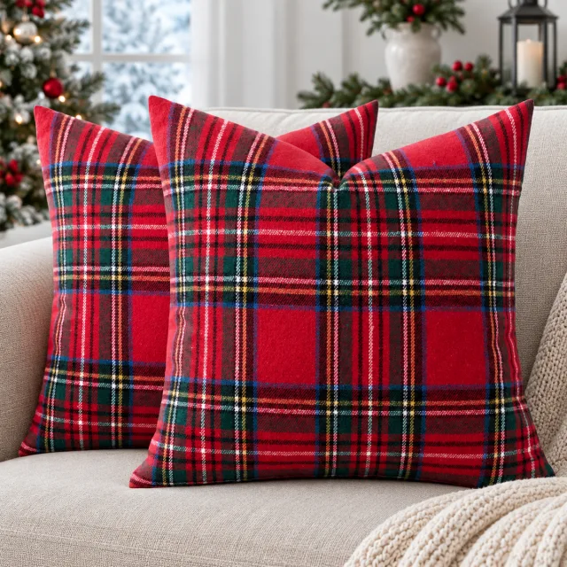 Red Christmas Plaid Pillow Covers, 18x18 Set of 2