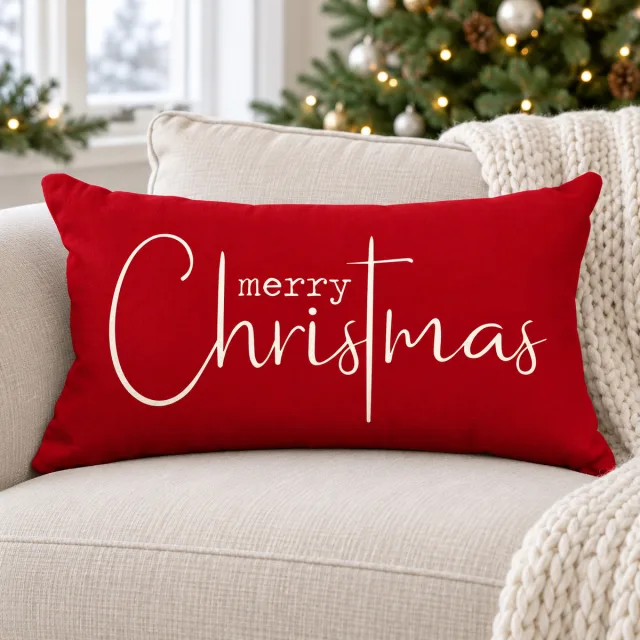 Merry Christmas Red Cotton Linen Pillow Cover