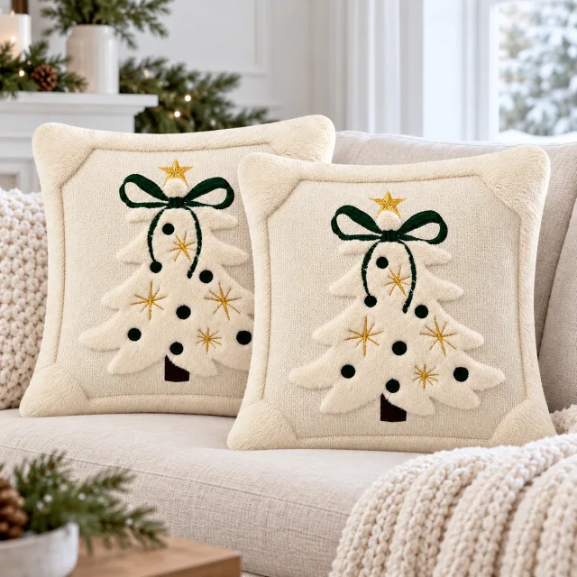 Soft Plush Faux Fur Quilted Christmas Pillow Covers, 18x18 Set of 2