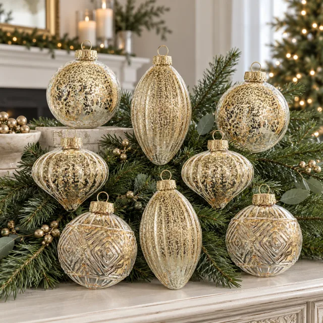 KI Store Mercury Glass Ornaments, Set of 8 Champagne Gold