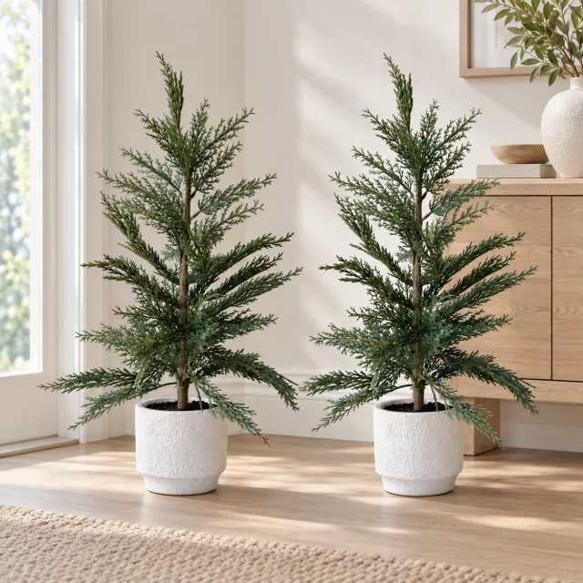 CG Hunter Set of 2 Faux Cedar Trees, 24 Inch in Creme Pot