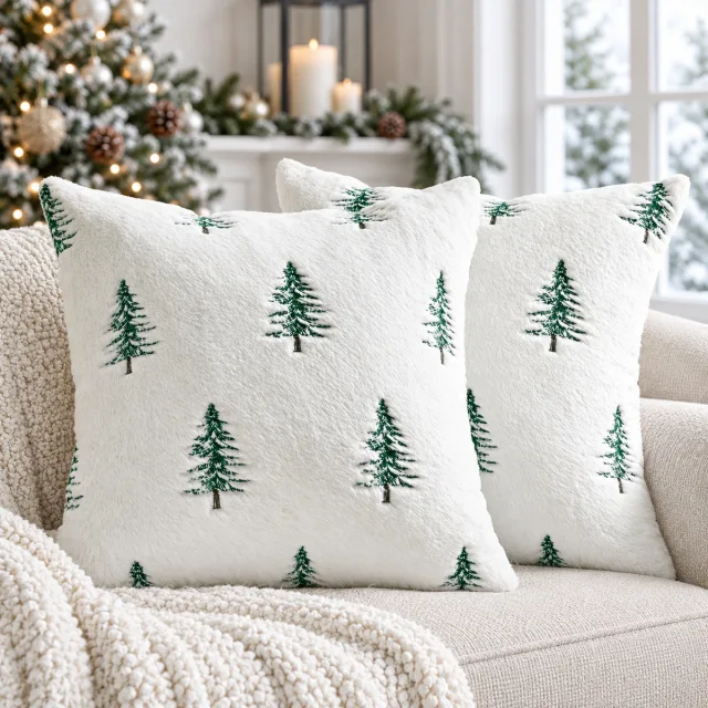 Faux Fur Christmas Pillow Covers, 18x18 White Green