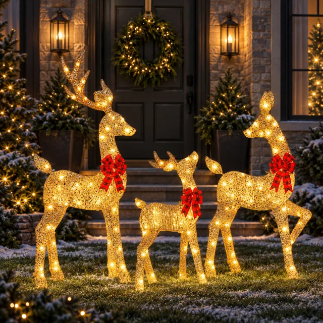 48 Inch Gold Lighted Christmas Reindeer Set, 3-Piece