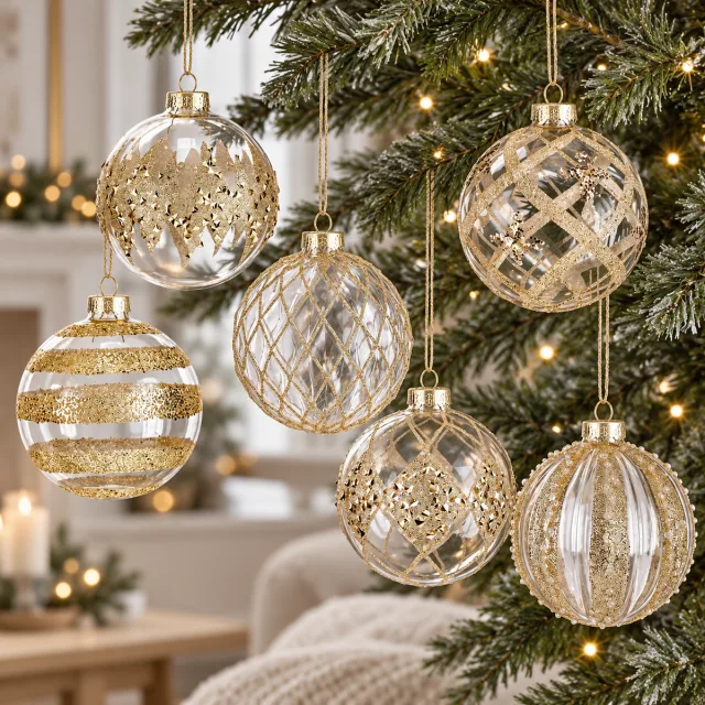 6 Pcs Champagne Gold Glass Ornaments, 3.15in