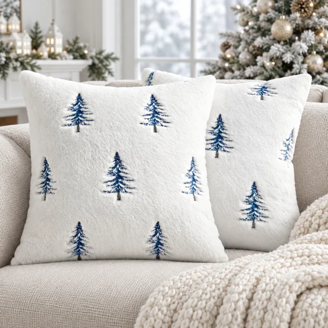 Faux Fur Christmas Pillow Covers, 18x18 White Blue