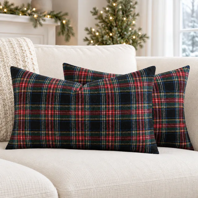 Christmas Tartan Plaid Pillow Covers, 12x20 Dark Blue