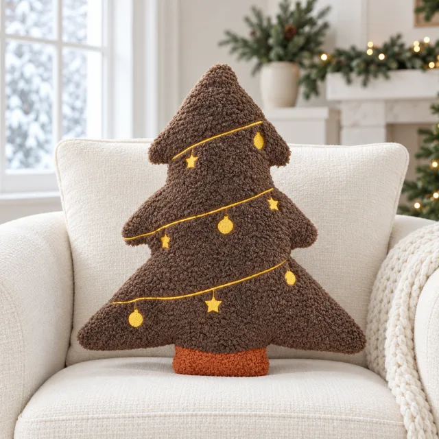 Christmas Tree Stuffed Pillow with Embroidered Star Ball