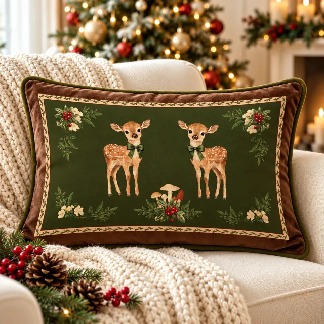 Holly Deer Green Christmas Pillow Cover, 12x20