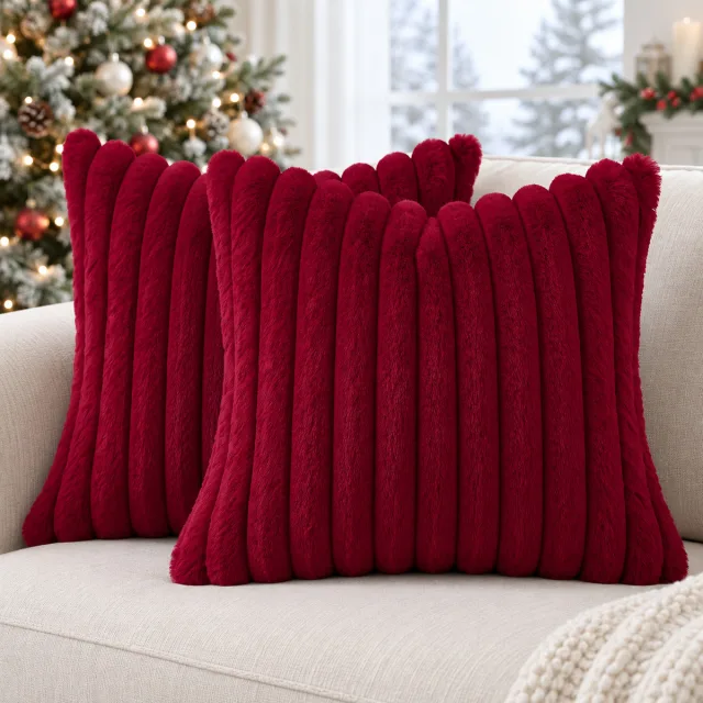 Faux Fur Christmas Pillow Covers, 18x18 Set of 2 Burgundy