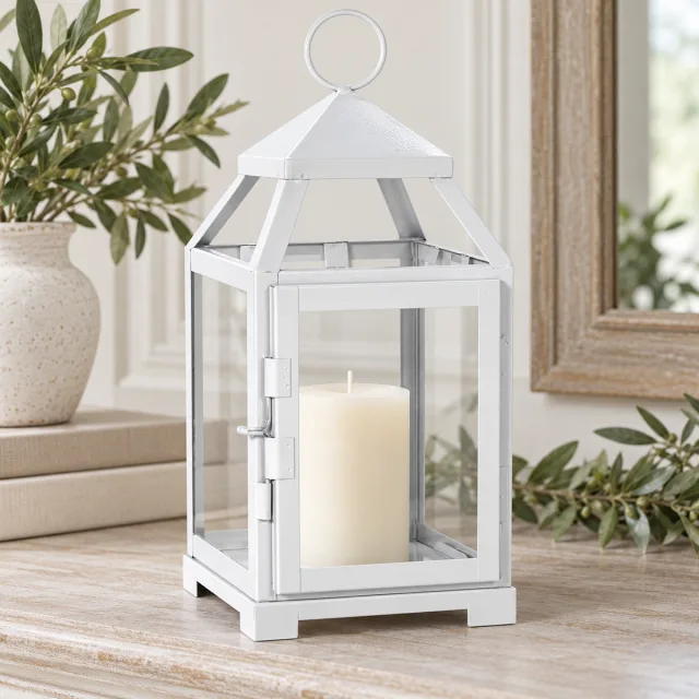Hosley 12 Inch Clear Glass and Iron White Lantern