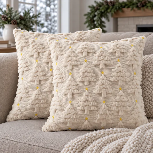 Beige Xmas Tree Pillow Covers, 20x20 Set of 2