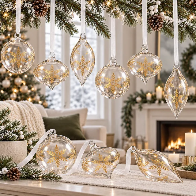 12 Pcs Clear Glass Ornaments, Etched Snowflake Gold