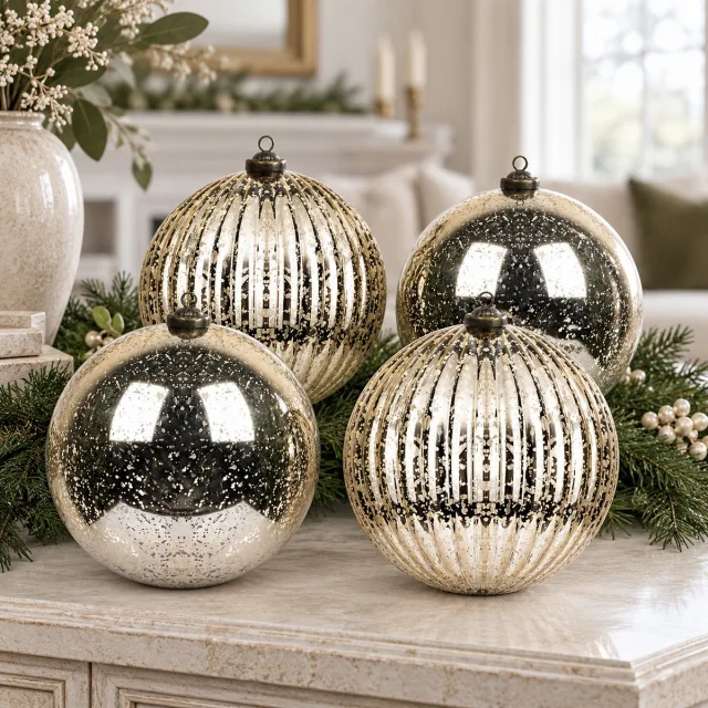Extra Large Champagne Mercury Ball Ornaments, 6-Inch Set of 4