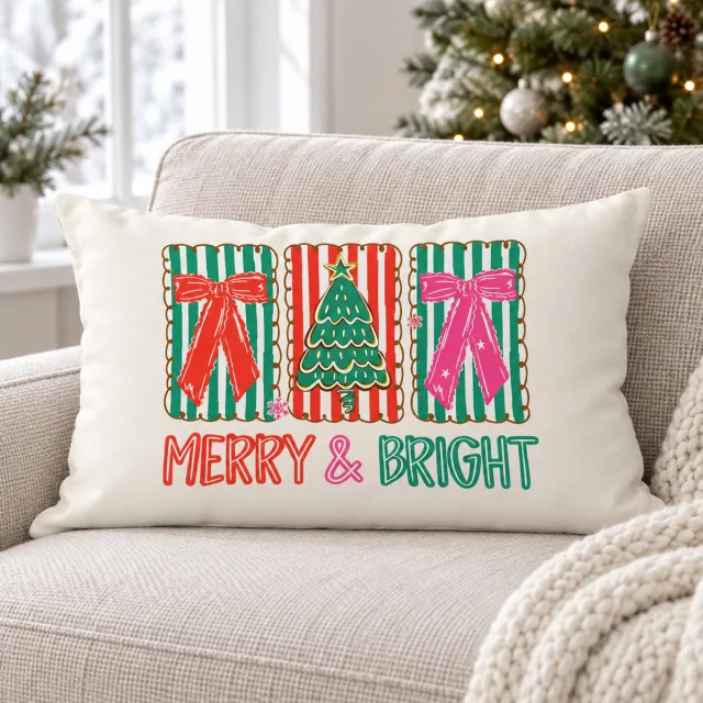 Merry and Bright Pink Bow Tree Lumbar Pillow Cover, 12x20