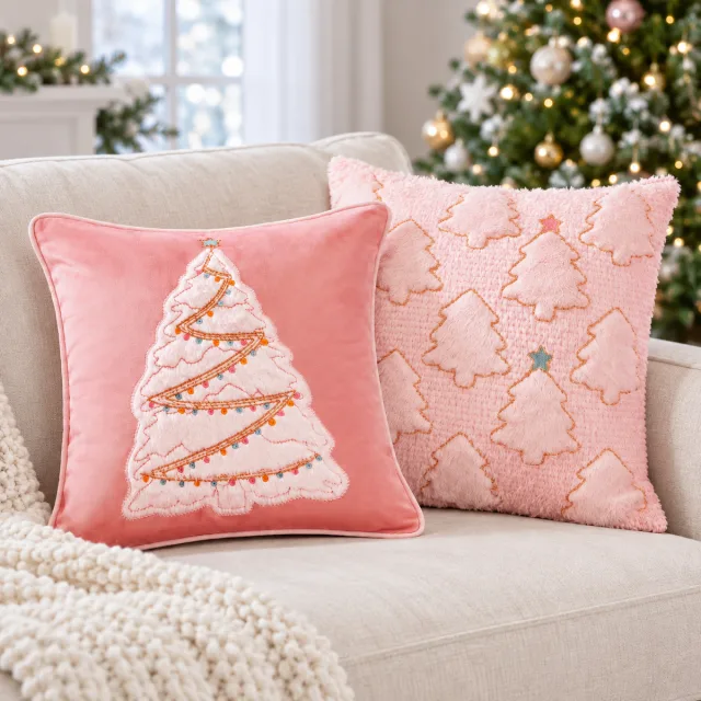 Plush 3D Christmas Tree Pillow Covers, 18x18 Set of 2 Pink