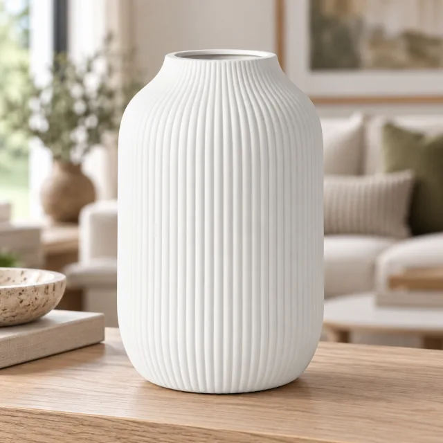 flature Matte White Ceramic Vase with Grooves
