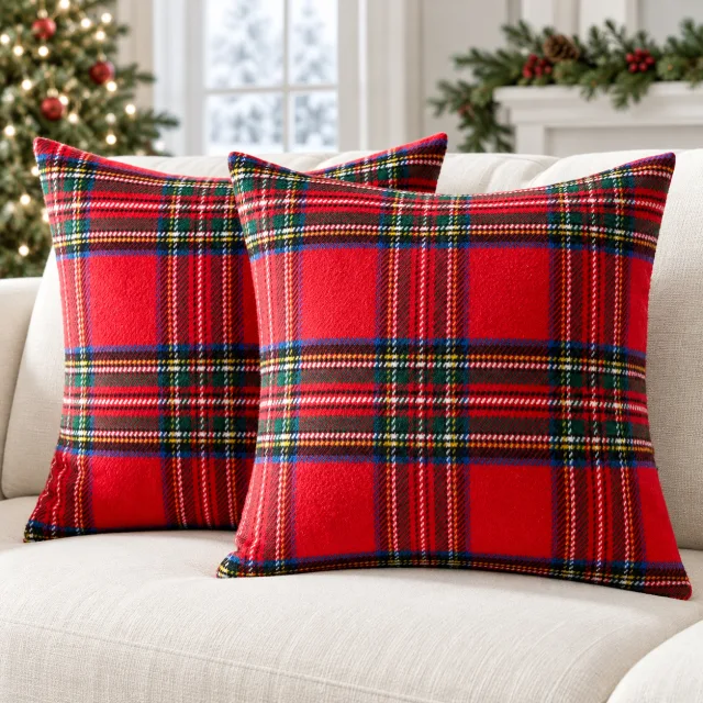 Christmas Plaid Pillow Covers, 18x18 Set of 2 Red