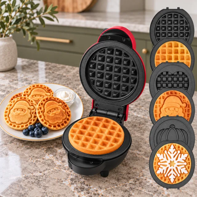 Holiday Mini Waffle Maker with Interchangeable Plates