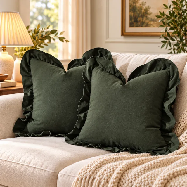 Green Ruffle Throw Pillow Covers, Set of 2