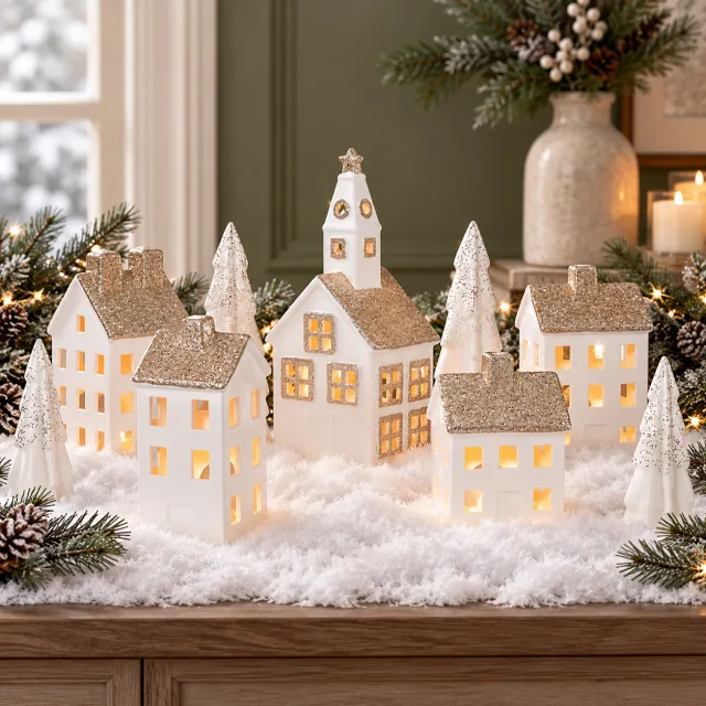 Mark Feldstein White Glitter Porcelain Christmas Village LED, 9 Pc