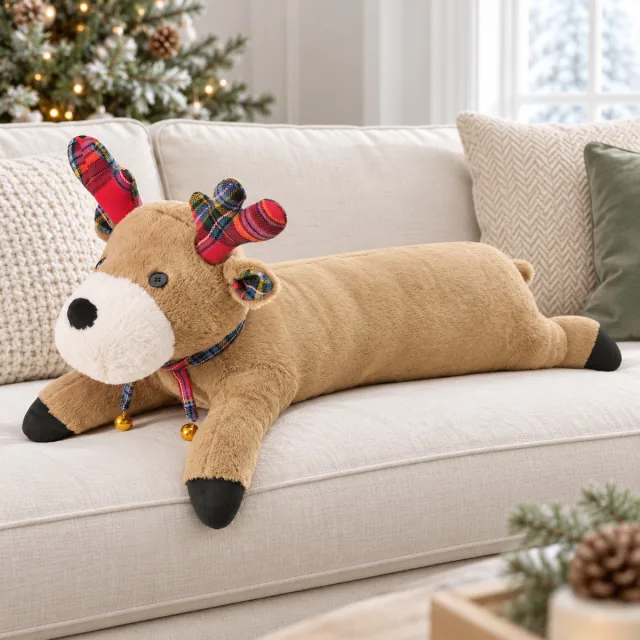 Reindeer Shaped Plush Christmas Throw Pillow with Bell