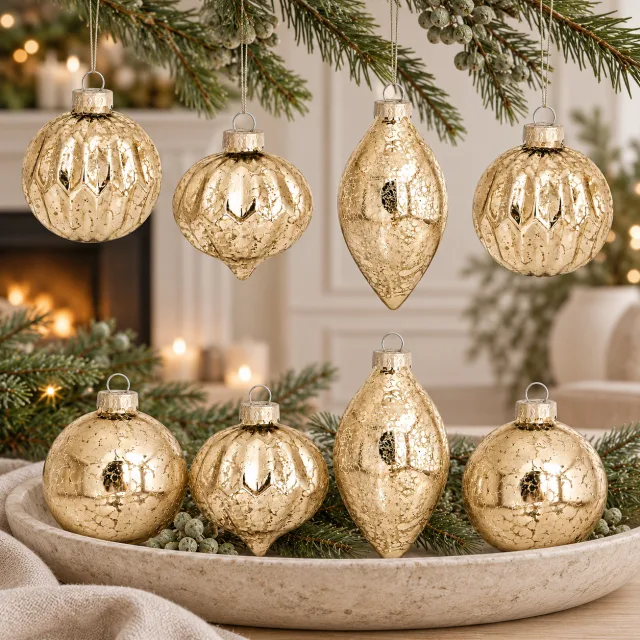 8Pcs Vintage Gold Mercury Glass Christmas Ornaments