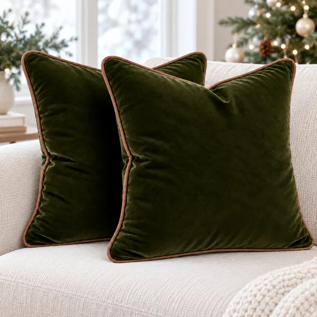 Polyester Throw Pillow Covers, 20x20 Green and Camel, 2 Pack
