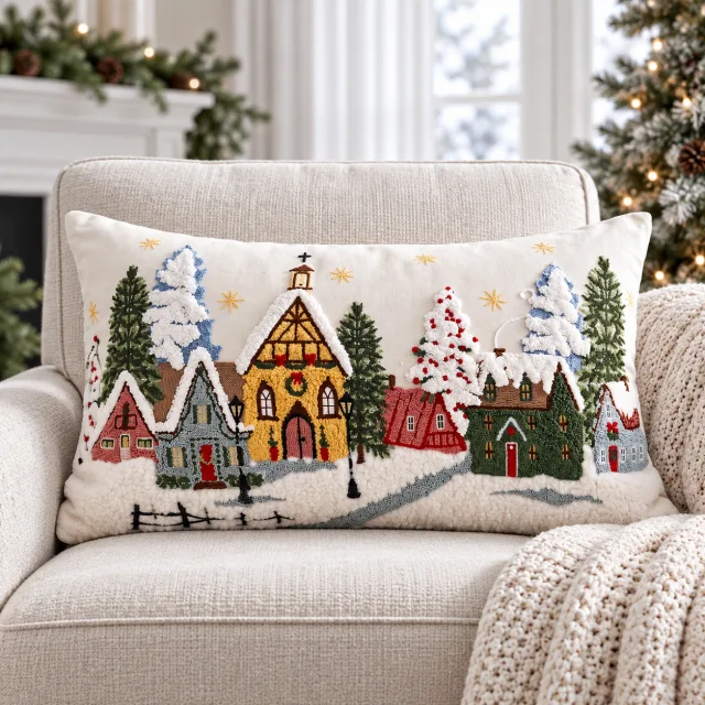Chenille Christmas Village Lumbar Pillow Covers, 12x20