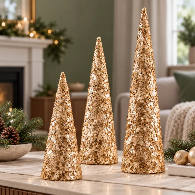 Unittype 3 Pcs Champagne Gold Artificial Cone Christmas Trees, 12-14-18 Inch