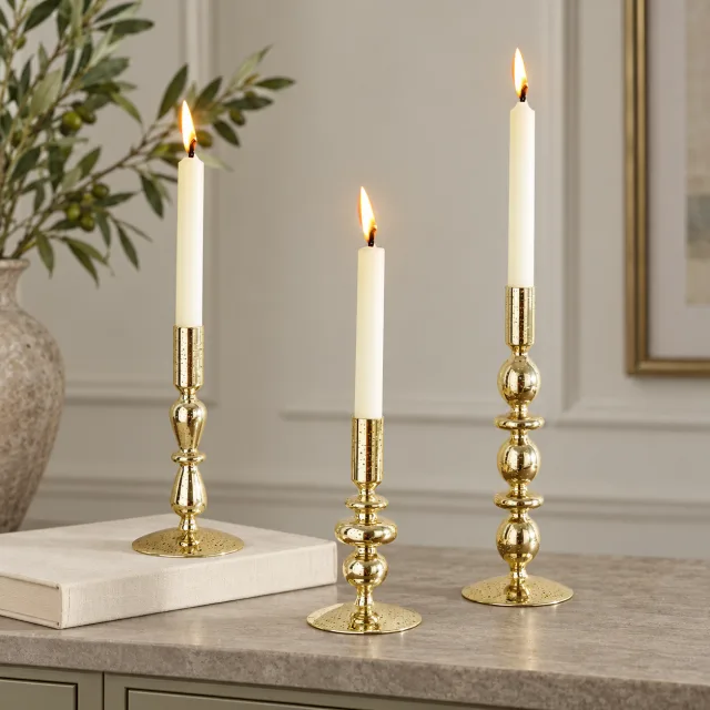 Mercury Gold Glass Candlestick Holders, Set of 3