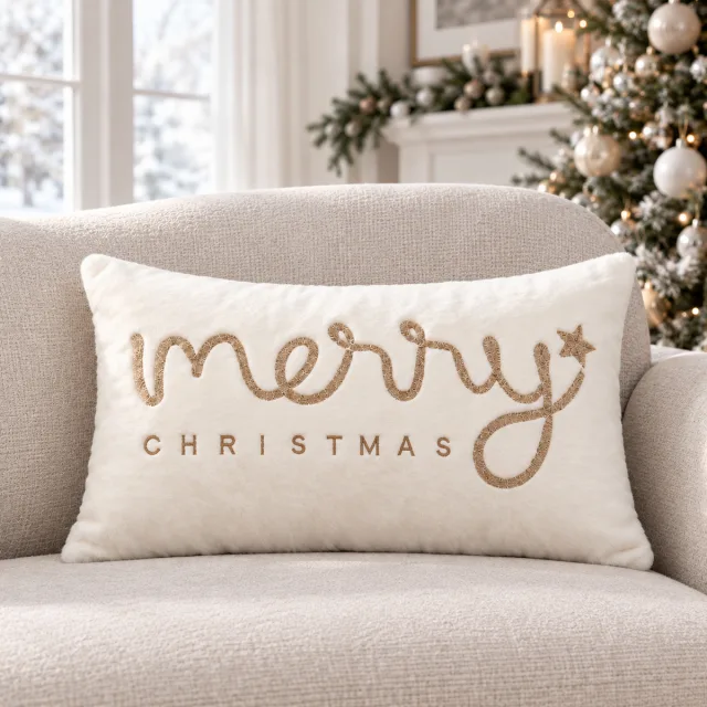 Faux Fur Merry Christmas Pillow Covers, 12x20 Cream Gold