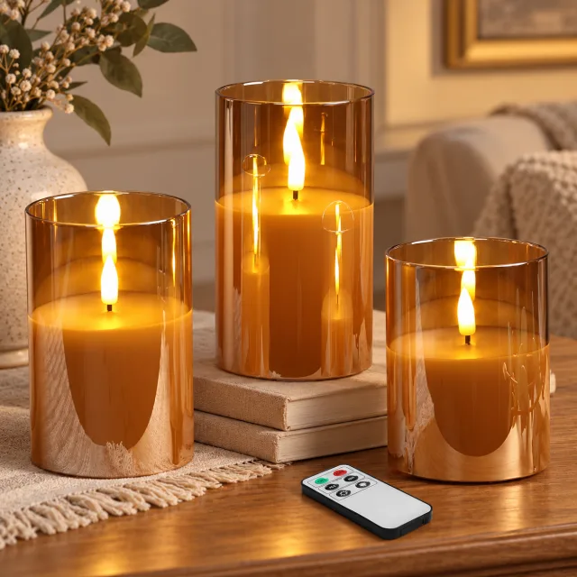 Gold Glass Flameless Candles with Remote and Timer, Set of 3